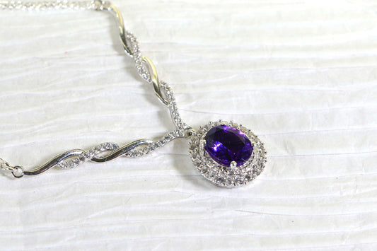 Amethyst  Halo diamond Choker Sterling Silver Statement Necklace Prom Wedding Crystal Purple Pendant