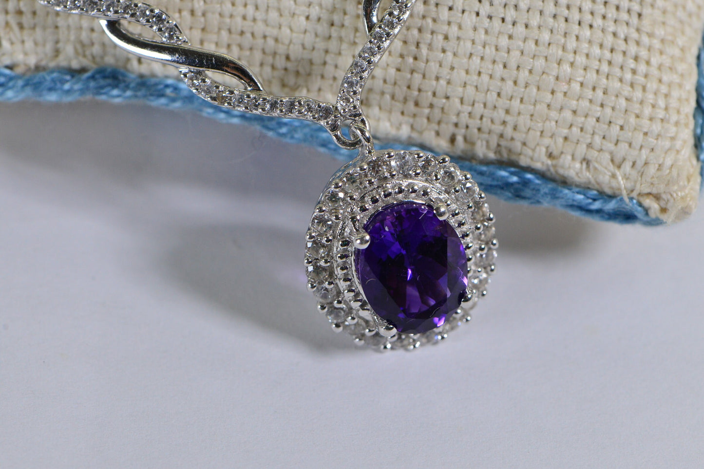 Amethyst  Halo diamond Choker Sterling Silver Statement Necklace Prom Wedding Crystal Purple Pendant