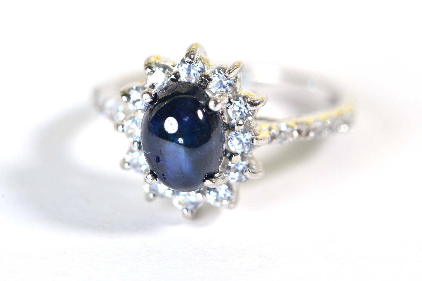 Thai Blue Star Sapphire Ring: Sterling Silver Sunburst Halo, Moissanite