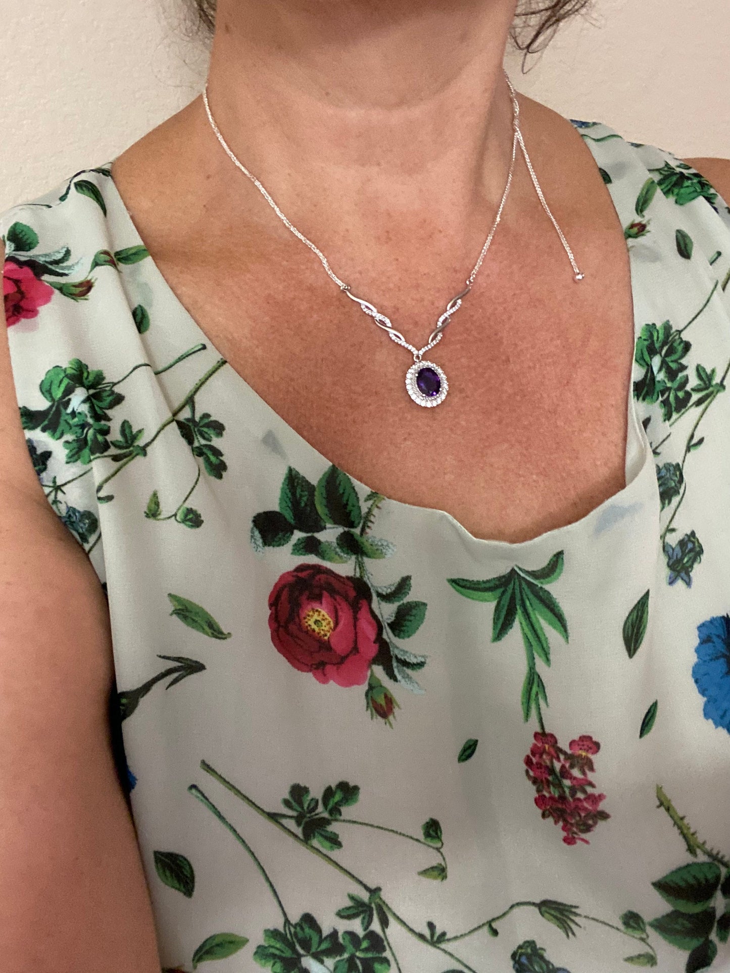 Amethyst  Halo diamond Choker Sterling Silver Statement Necklace Prom Wedding Crystal Purple Pendant