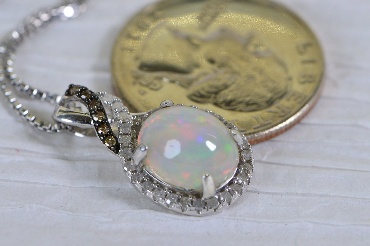 Ethiopian Opal Necklace: Chocolate & White Diamond Halo, Sterling Silver