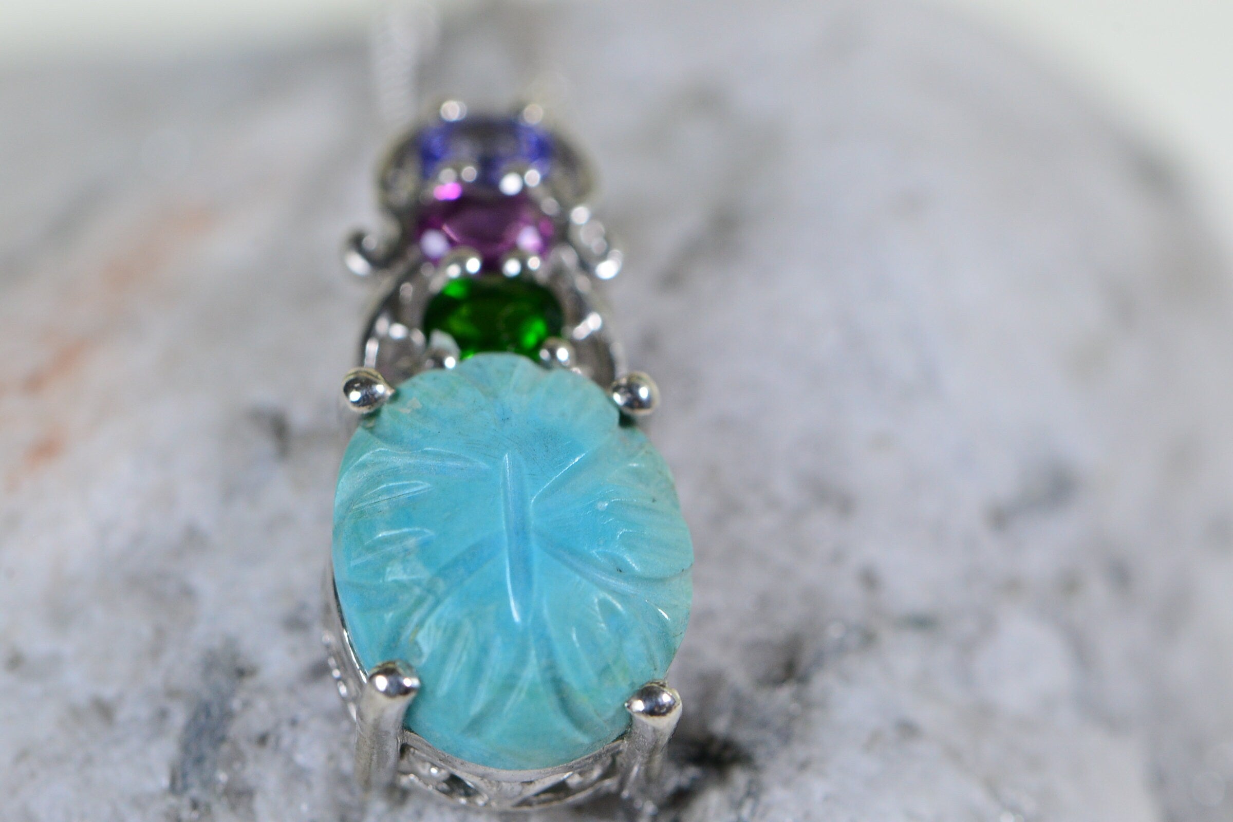 Sleeping Beauty Turquoise Carved Flower Pendant: Sterling Silver Multi Stone Necklace