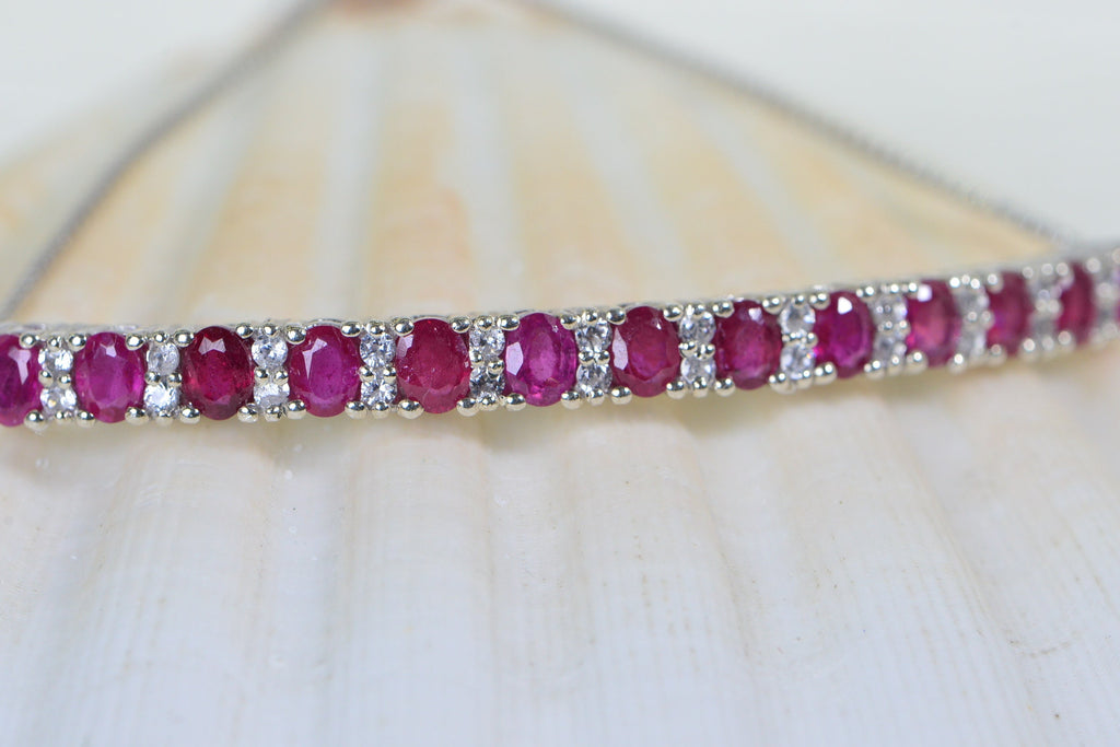 Natural Ruby Tennis Bracelet: Sterling Silver, CZ Diamond, Bolo Style