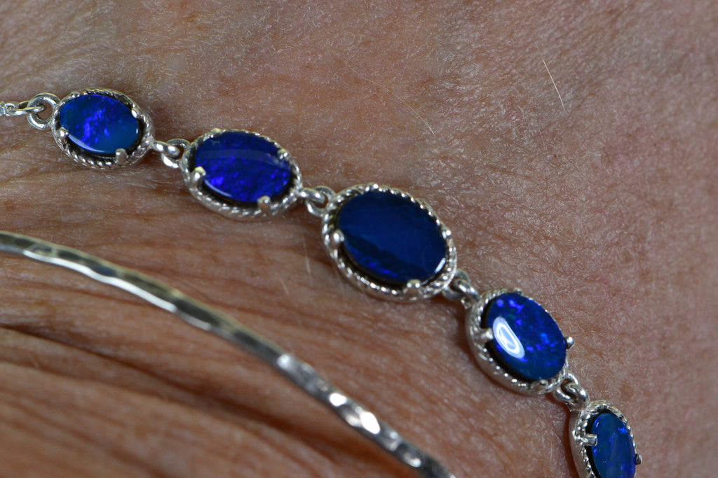 Australian Black  Opal Bracelet, Blue Opal Doublet  , Natural Opal Bracelet Bolo Adjustable Genuine Opal Bracelet Raw Crystal Opal Gemstone