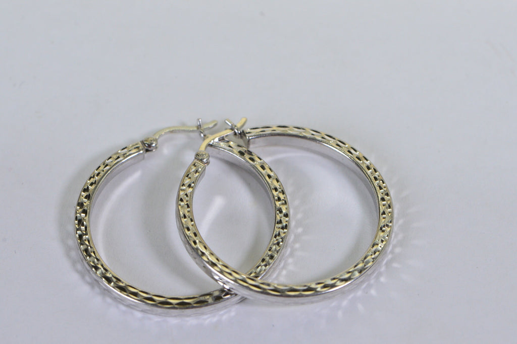 Diamond Cut Sterling Silver Hoop Earrings: 14K White Gold Finish, 1 inch
