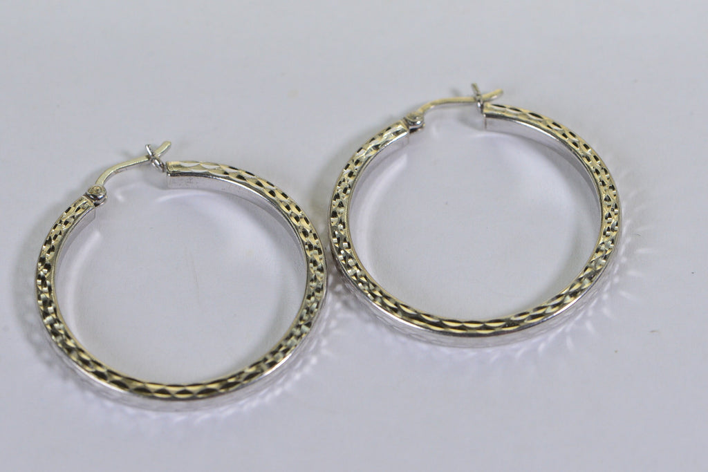 Diamond Cut Sterling Silver Hoop Earrings: 14K White Gold Finish, 1 inch