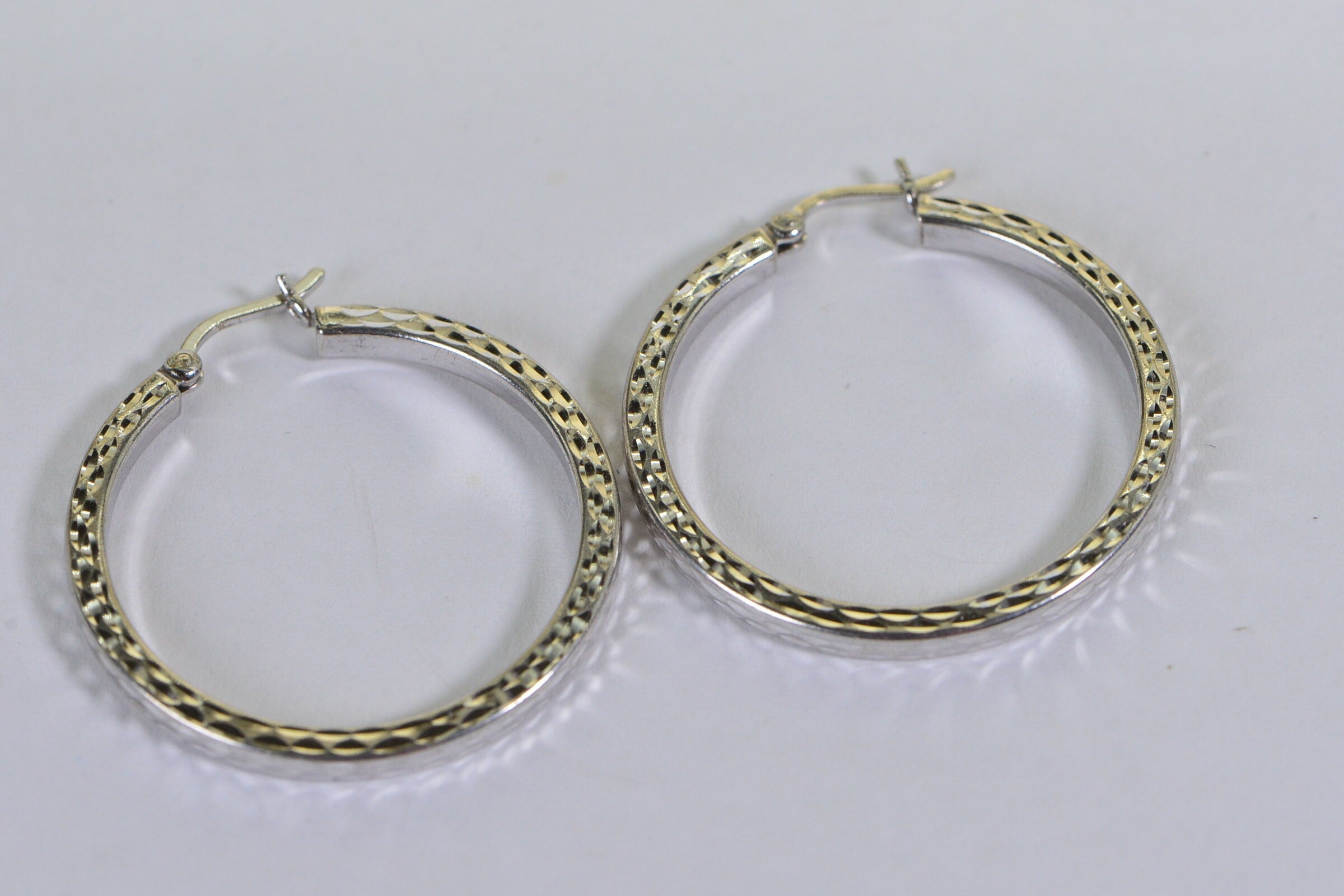 Diamond Cut Sterling Silver Hoop Earrings: 14K White Gold Finish, 1 inch