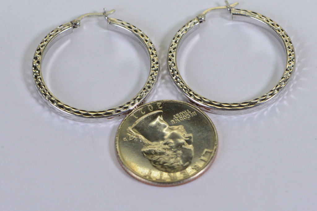 Diamond Cut Sterling Silver Hoop Earrings: 14K White Gold Finish, 1 inch