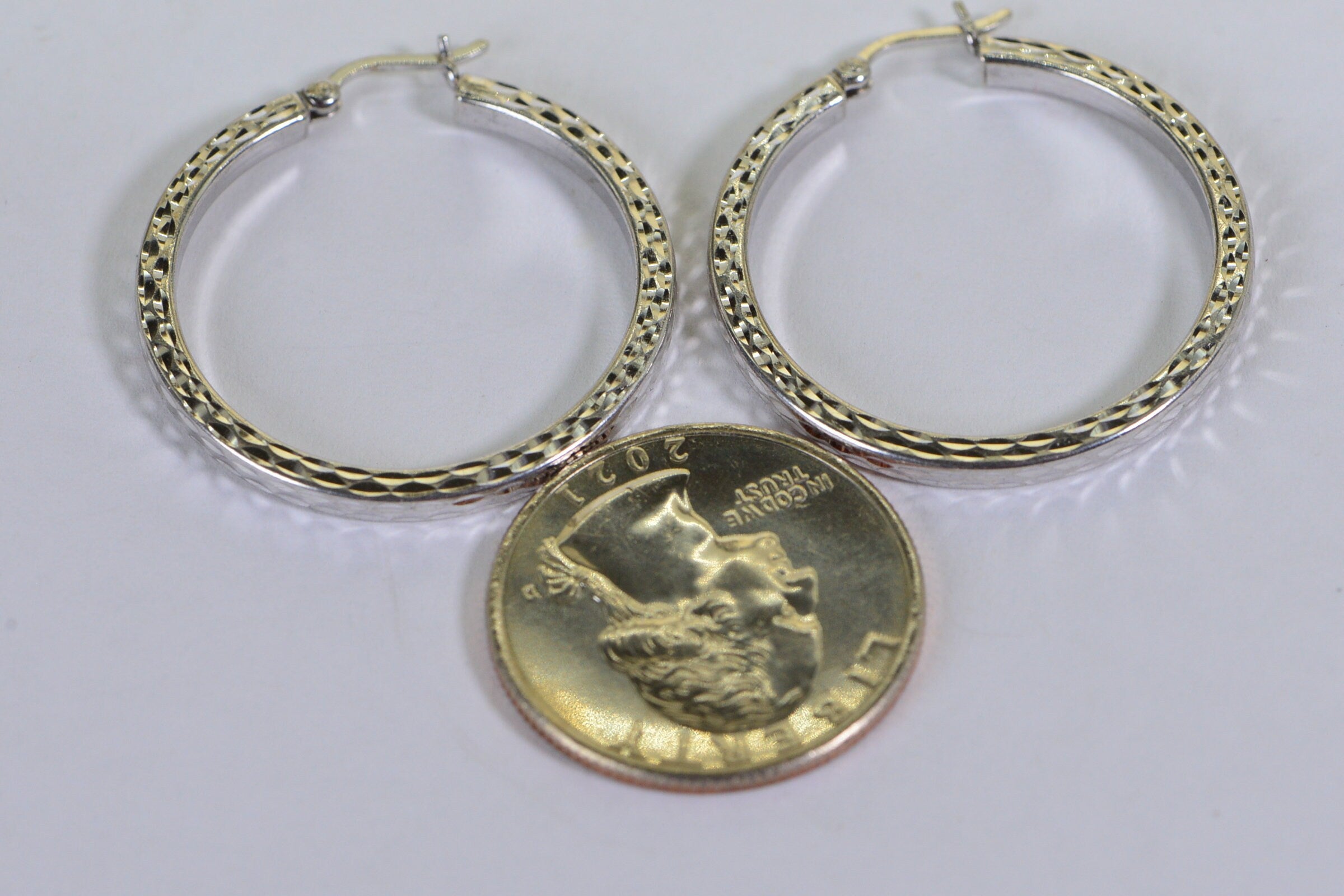 Diamond Cut Sterling Silver Hoop Earrings: 14K White Gold Finish, 1 inch