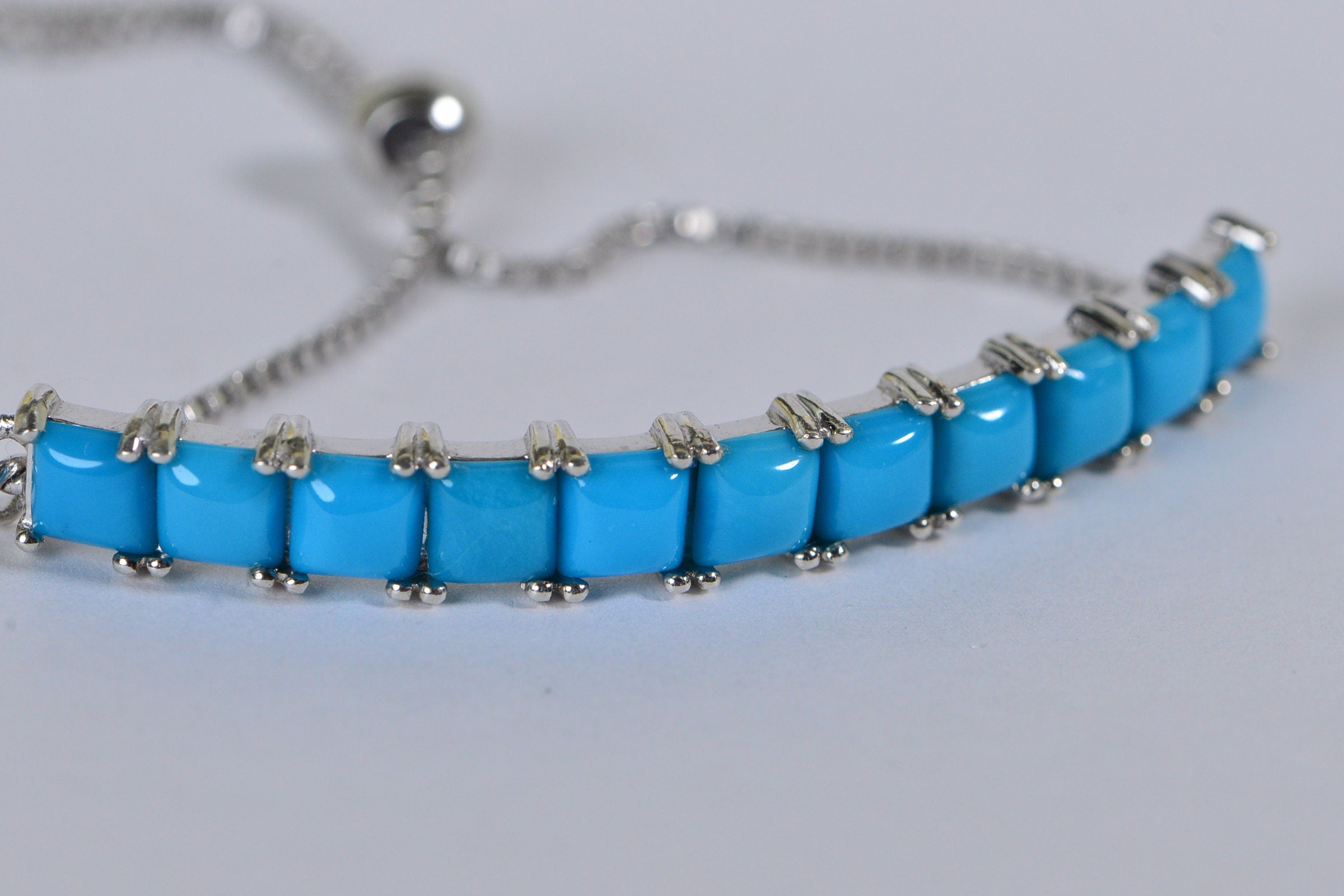 Sleeping Beauty Turquoise Bracelet: Sterling Silver Adjustable Bolo, Cushion Cut