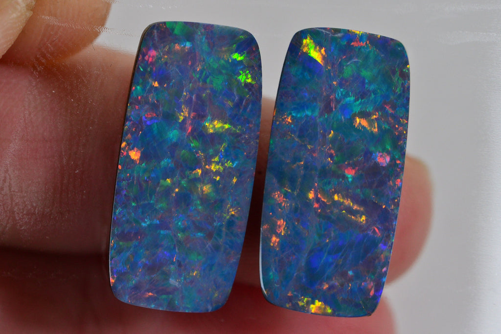 Australian Black Opal Doublet Pair: Metallic Rainbow Rectangle Cabochons