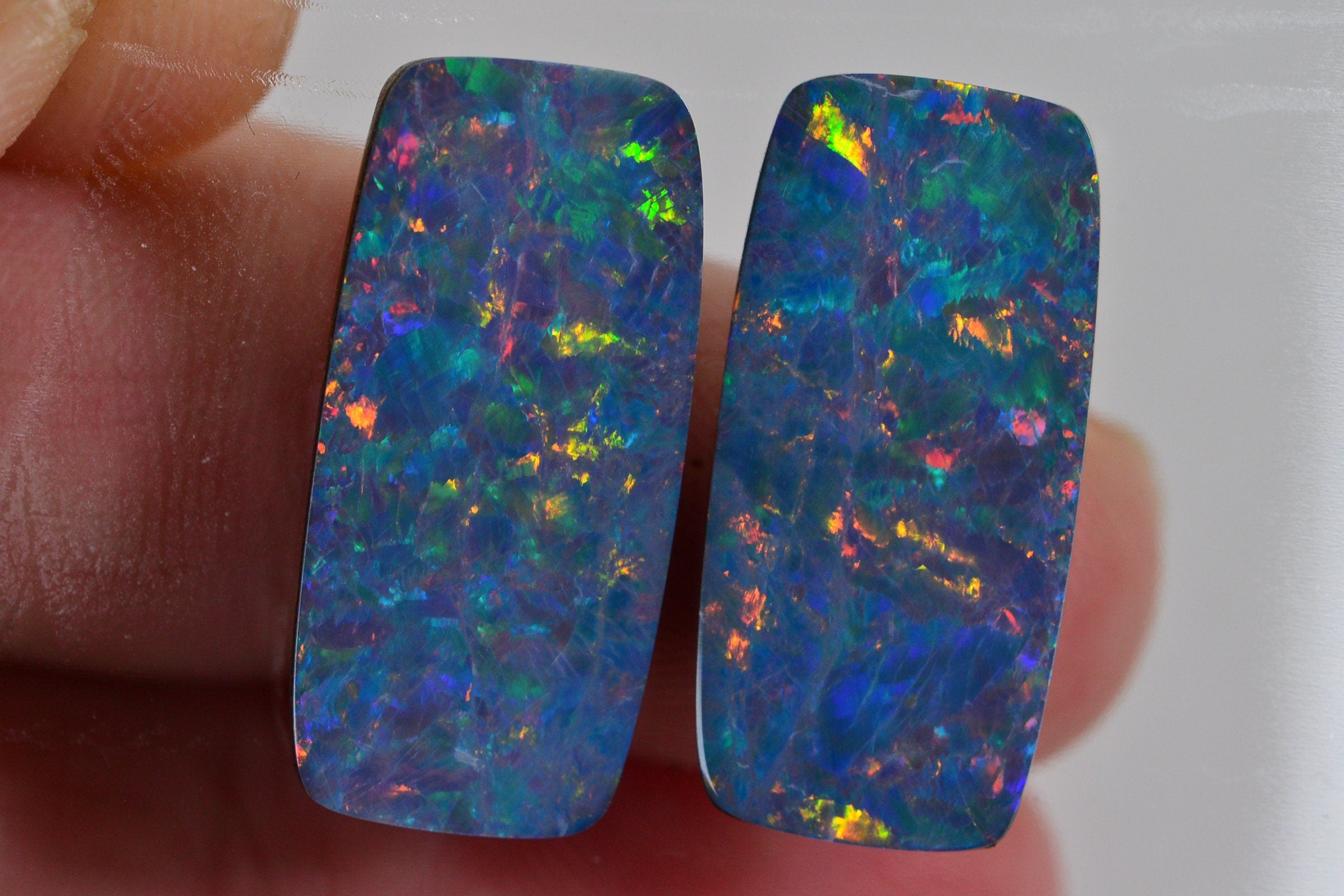 Australian Black Opal Doublet Pair: Metallic Rainbow Rectangle Cabochons