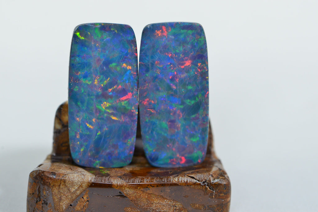Australian Black Opal Doublet Pair: Metallic Rainbow Rectangle Cabochons