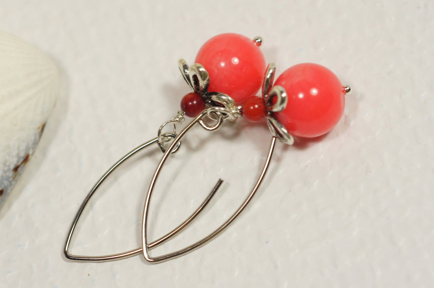 Salmon Pink Coral Earrings, Floral Silver Earrings, Wedding Jewelry