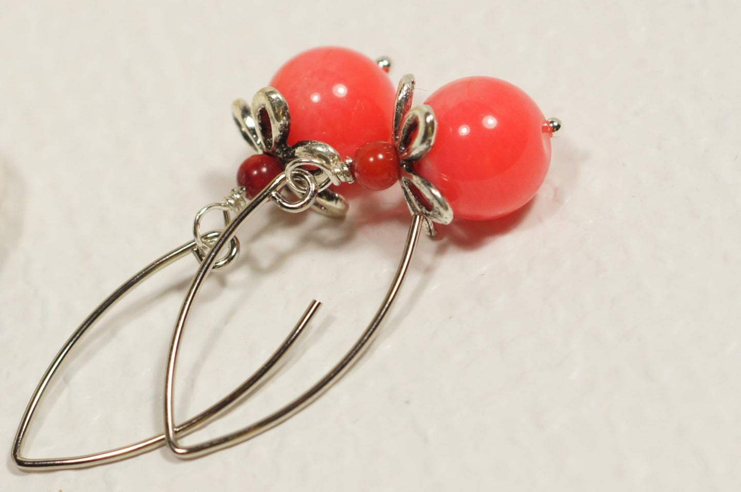 Salmon Pink Coral Earrings, Floral Silver Earrings, Wedding Jewelry