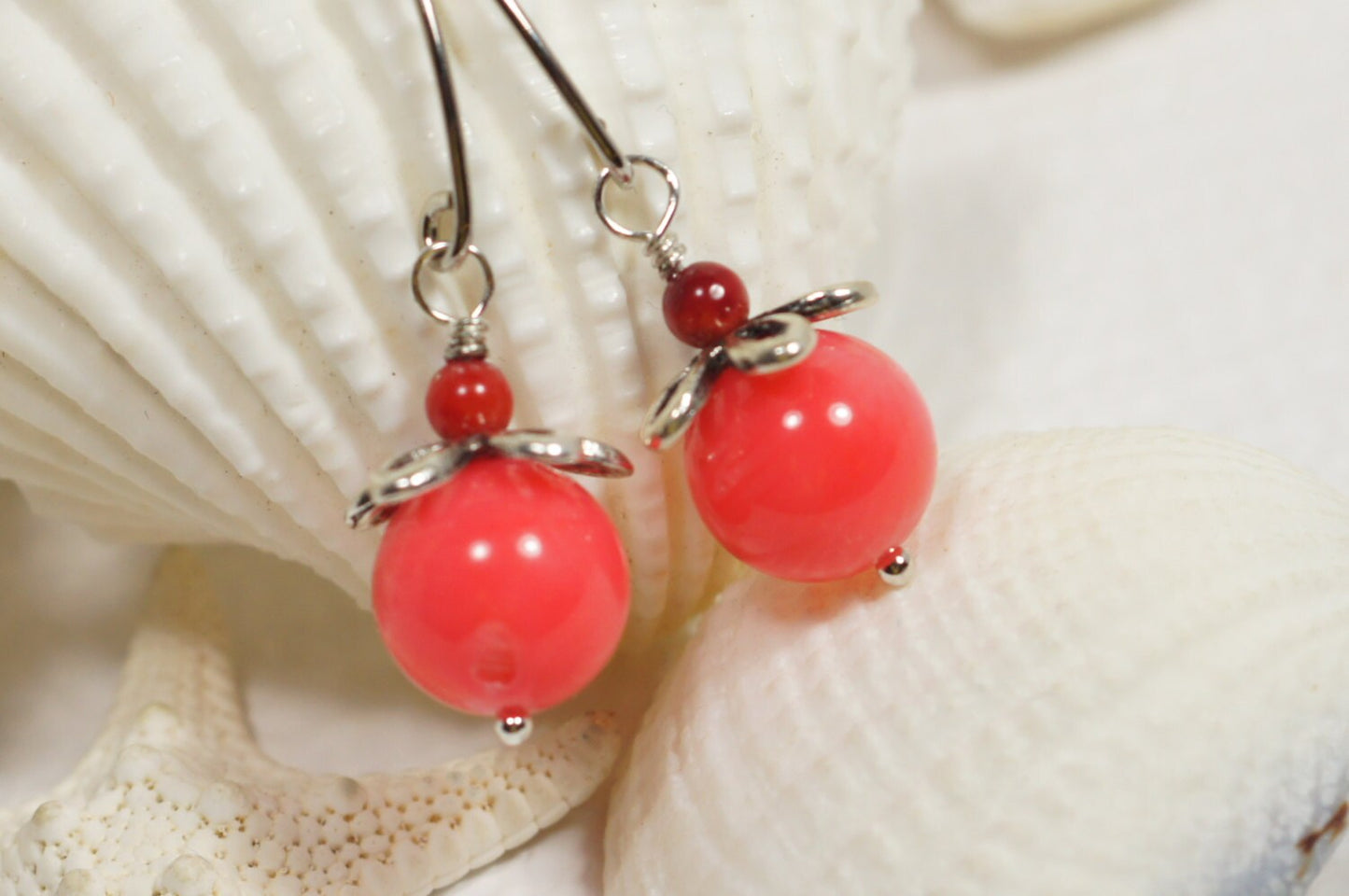 Salmon Pink Coral Earrings, Floral Silver Earrings, Wedding Jewelry