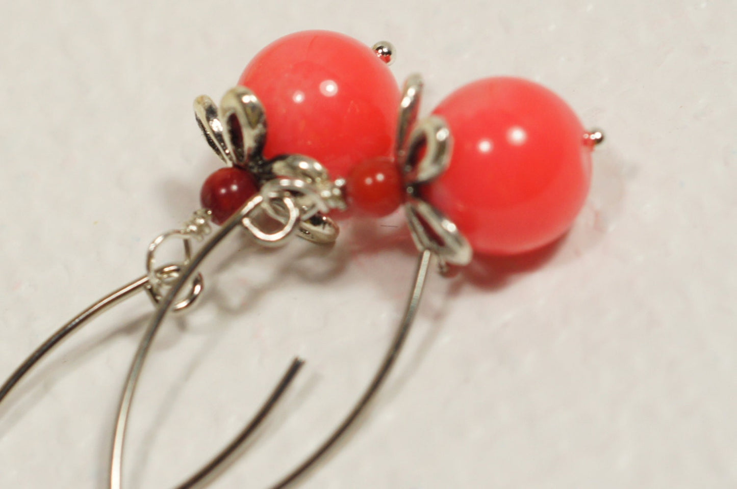 Salmon Pink Coral Earrings, Floral Silver Earrings, Wedding Jewelry