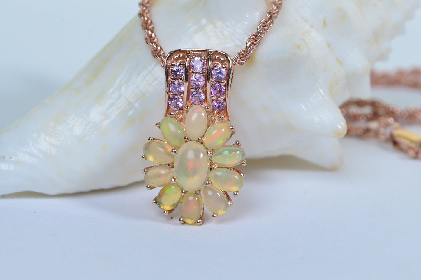 Rose Gold Ethiopian Opal Flower Pendant Necklace, Pink Topaz Accent