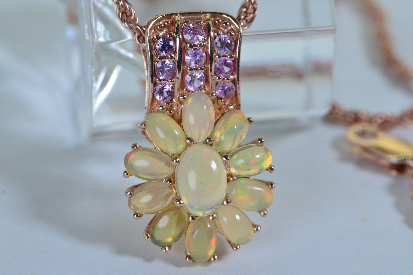 Rose Gold Ethiopian Opal Flower Pendant Necklace, Pink Topaz Accent