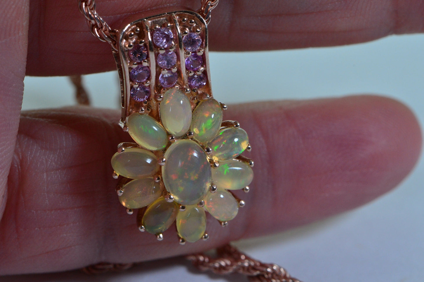 Rose Gold Ethiopian Opal Flower Pendant Necklace, Pink Topaz Accent