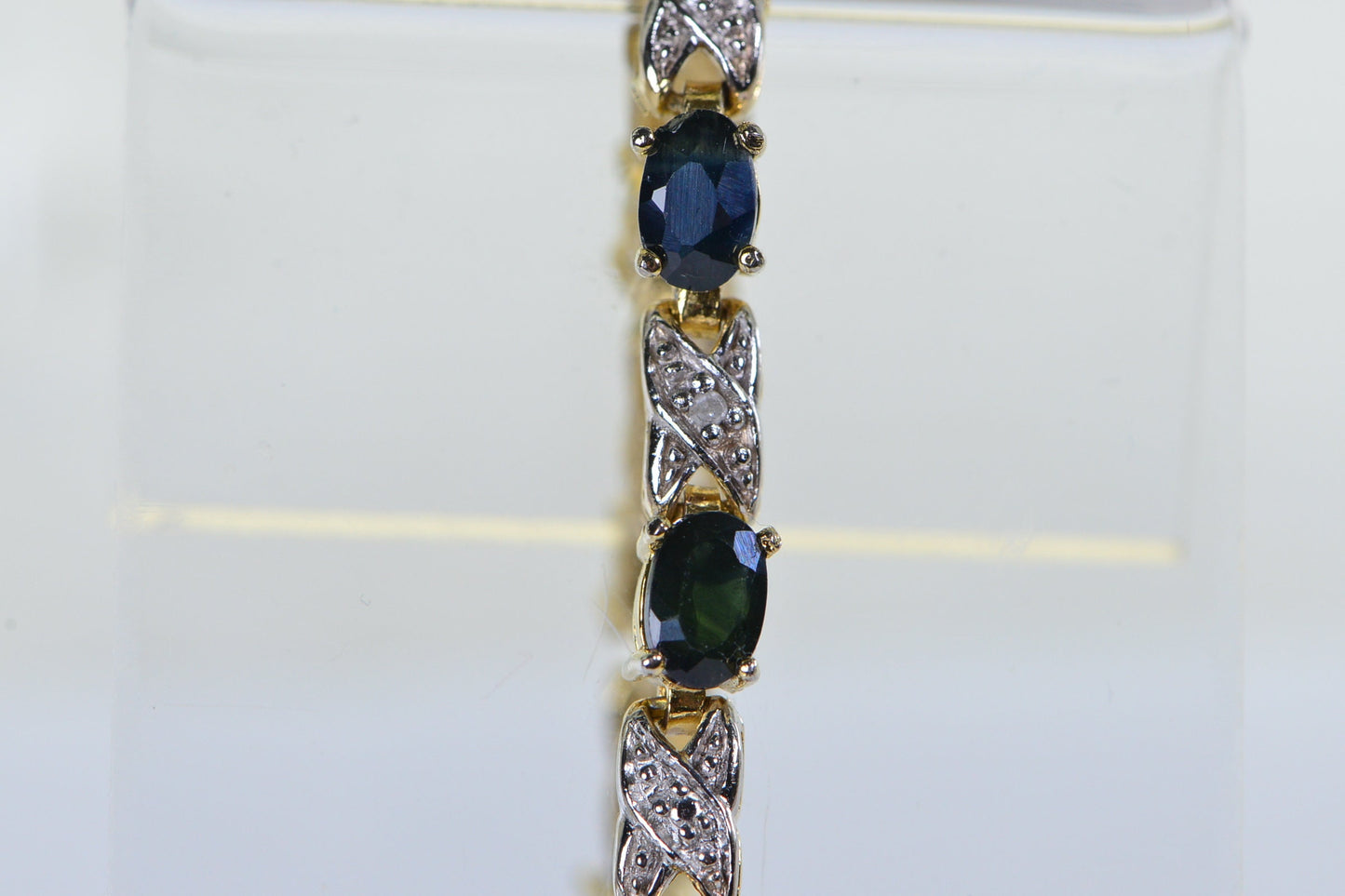 Vintage Green Sapphire Diamond Tennis Bracelet: 14K Gold Over Sterling Silver