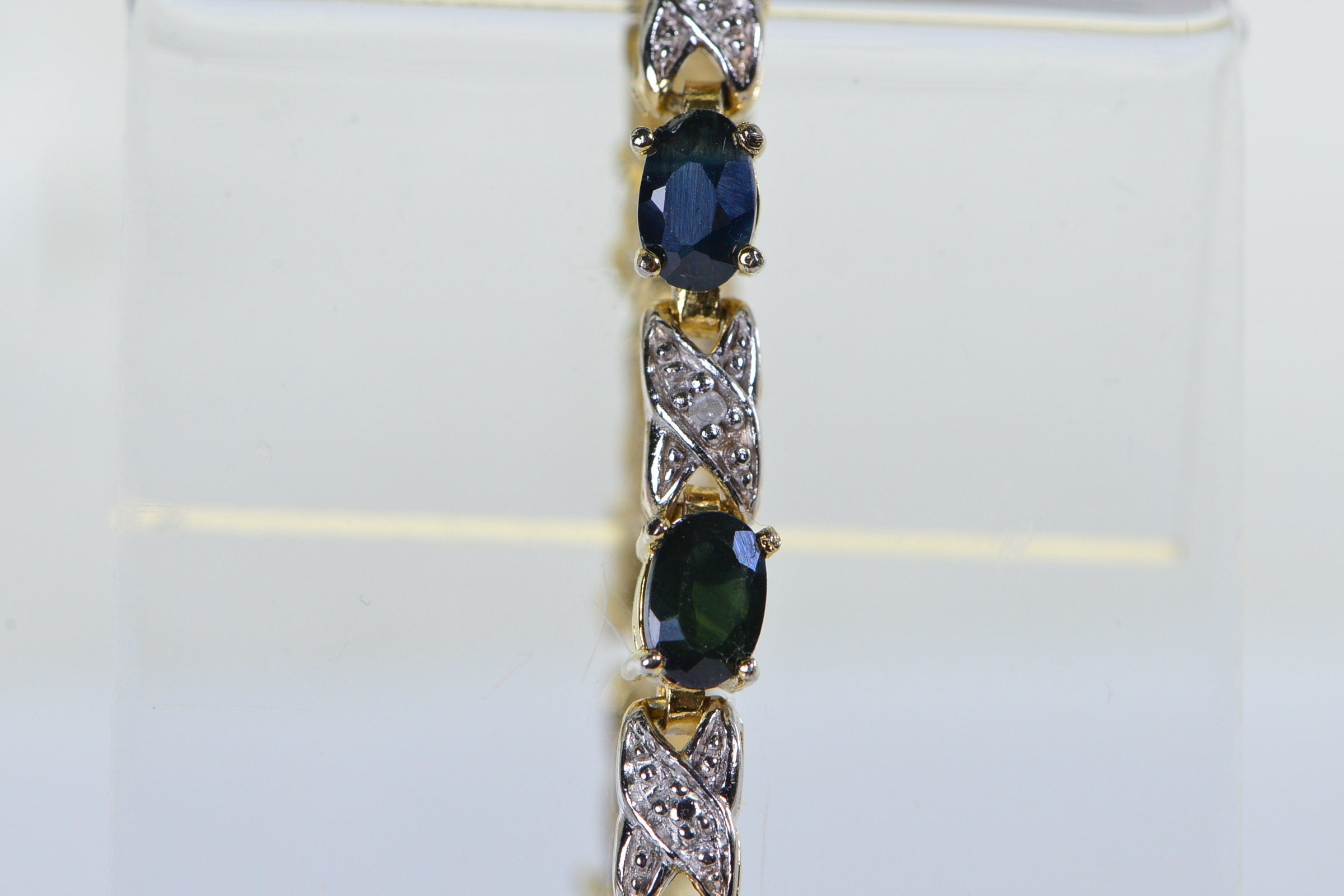 Vintage Green Sapphire Diamond Tennis Bracelet: 14K Gold Over Sterling Silver