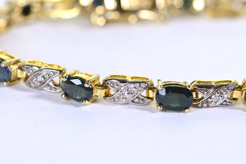 Vintage Green Sapphire Diamond Tennis Bracelet: 14K Gold Over Sterling Silver