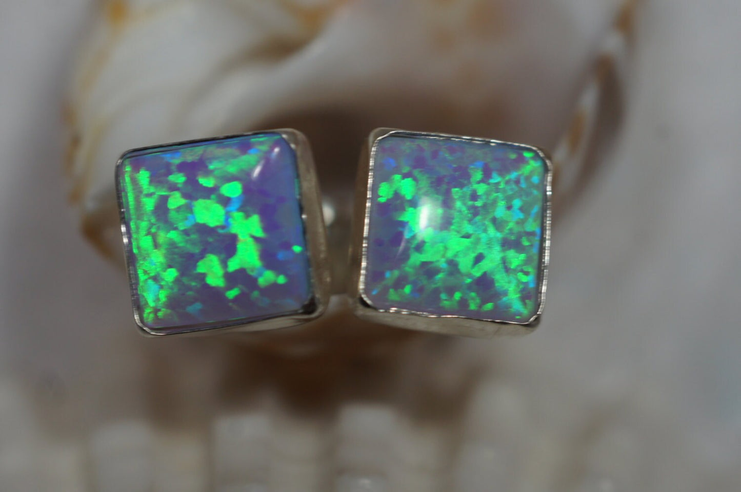 Sterling Silver Square Lab Opal Stud Earrings (6.8mm)