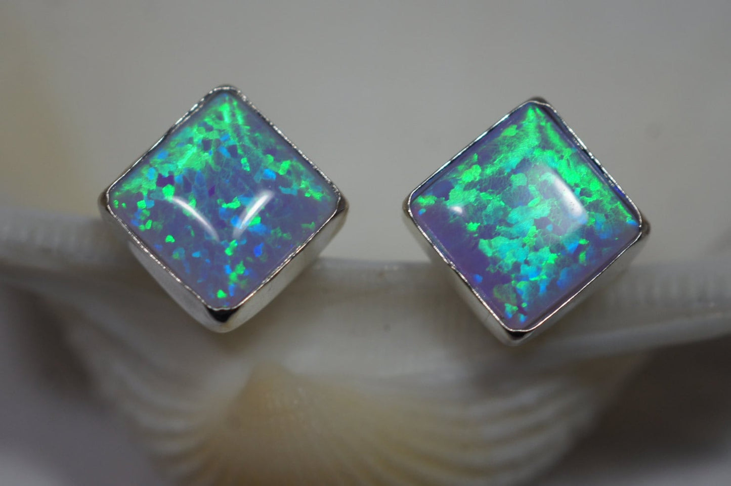 Sterling Silver Square Lab Opal Stud Earrings (6.8mm)