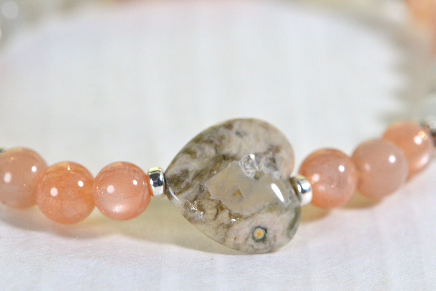 Heart Ocean Jasper Bracelet: Peach Moonstone Gemstone, Sterling Silver