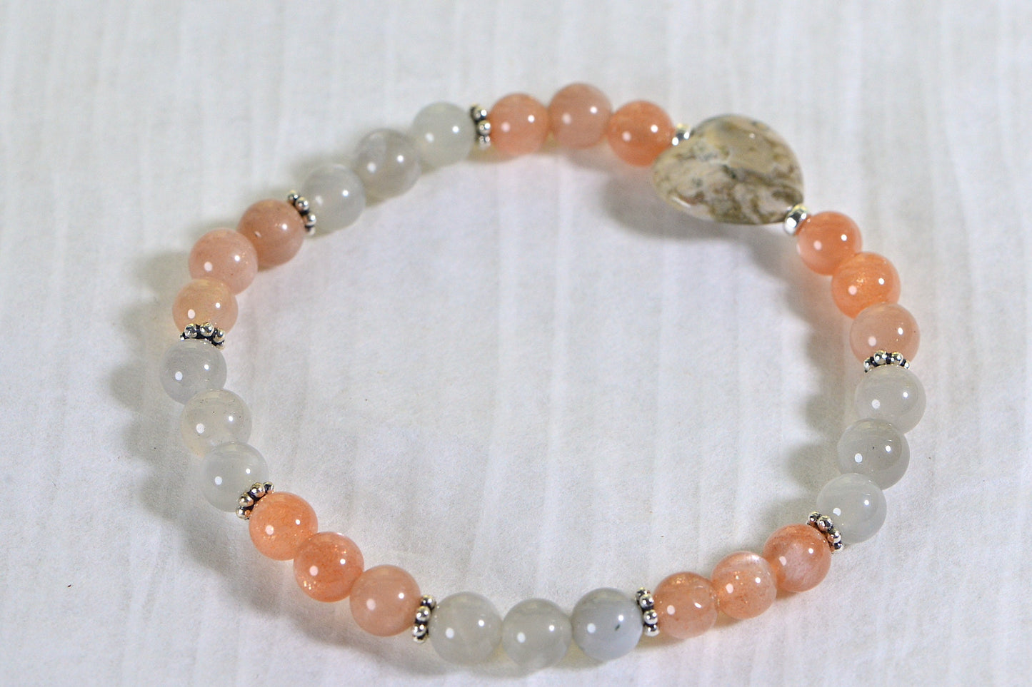 Heart Ocean Jasper Bracelet: Peach Moonstone Gemstone, Sterling Silver