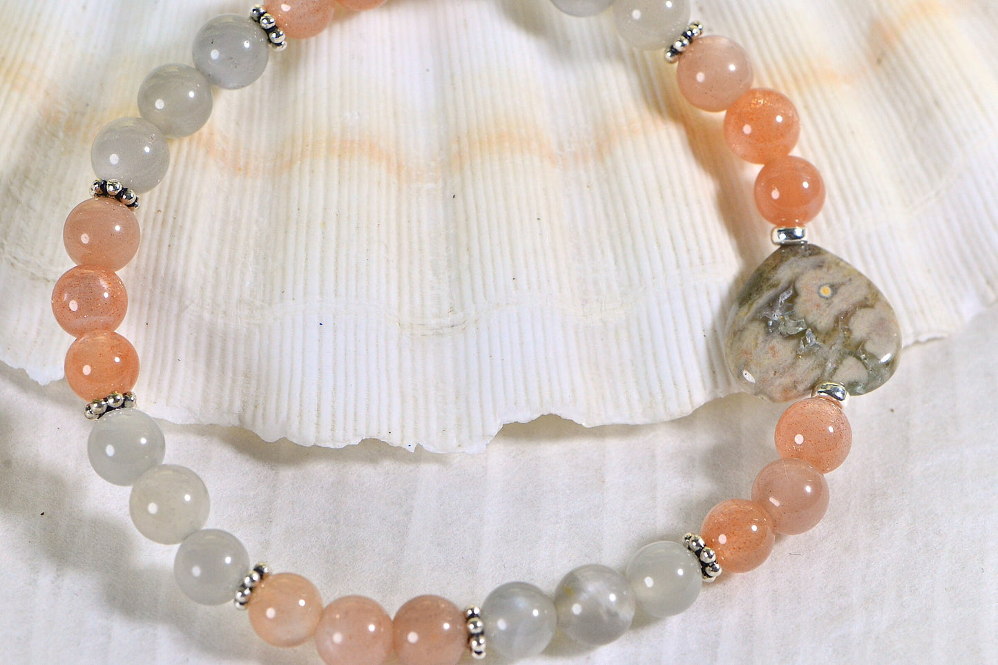 Heart Ocean Jasper Bracelet: Peach Moonstone Gemstone, Sterling Silver