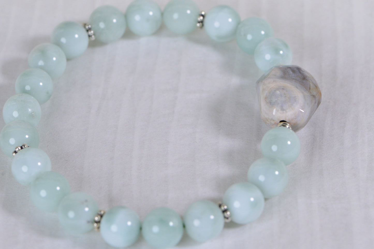 Ocean Jasper Mint Moonstone Bracelet: Sterling Silver Gemstone Stretch Bracelet