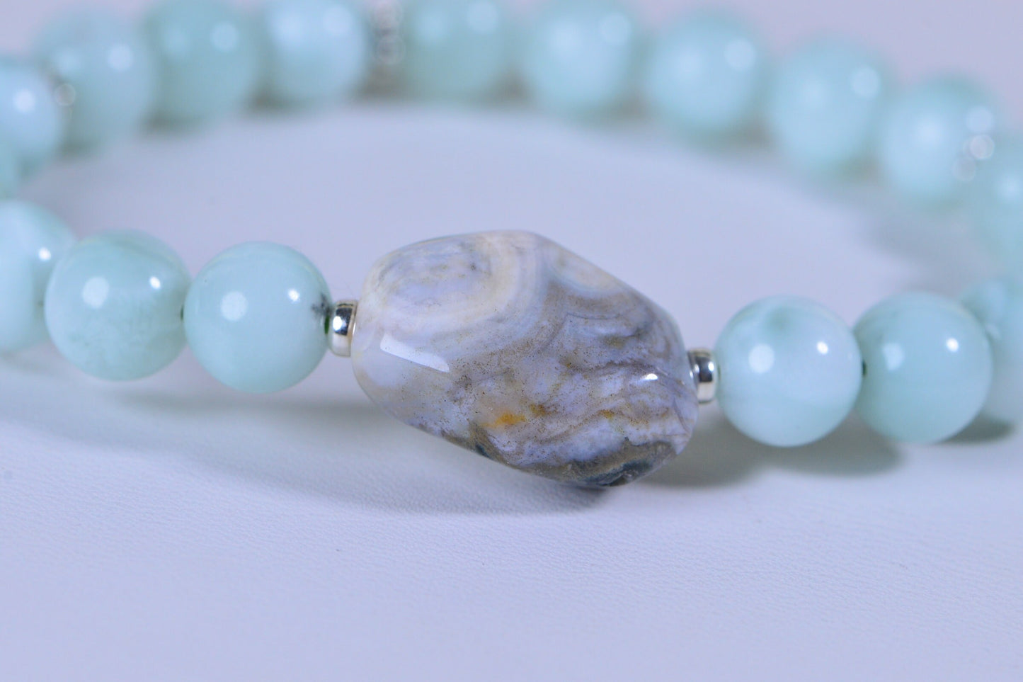Ocean Jasper Mint Moonstone Bracelet: Sterling Silver Gemstone Stretch Bracelet