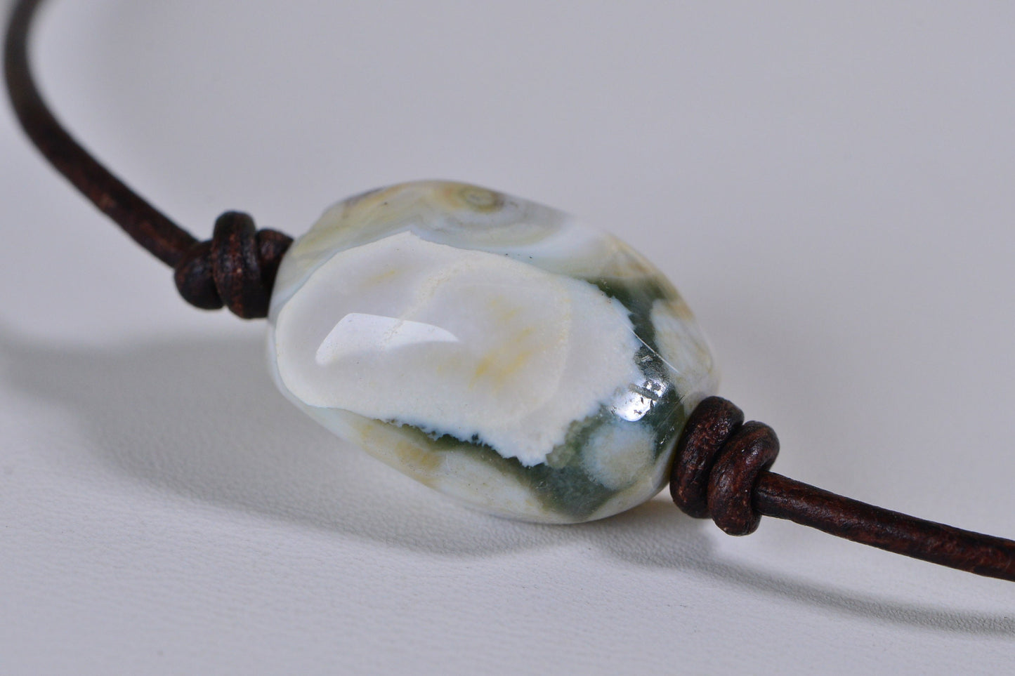 Ocean Jasper  Choker Necklace Single Bead On Leather Cord Gemstone Western Style Jewelry