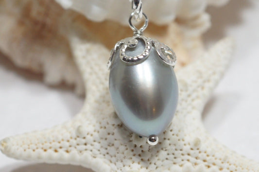 Baroque Grey Pearl Pendant: Silver Plated Wire Wrapped AA Pearl