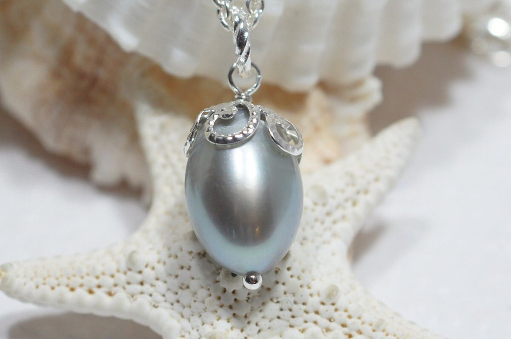 Baroque Grey Pearl Pendant: Silver Plated Wire Wrapped AA Pearl