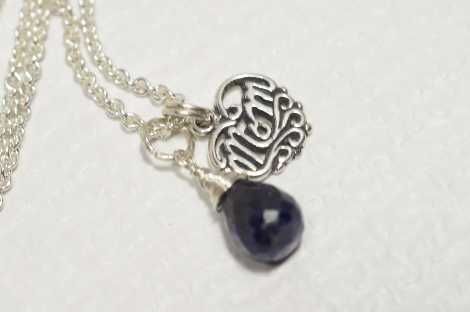 Sapphire "Mom" Necklace: Sterling Silver Filigree Heart Pendant