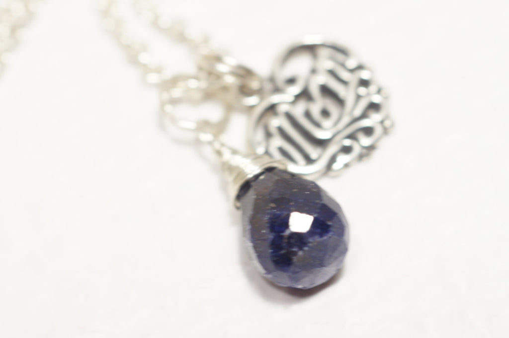 Sapphire "Mom" Necklace: Sterling Silver Filigree Heart Pendant