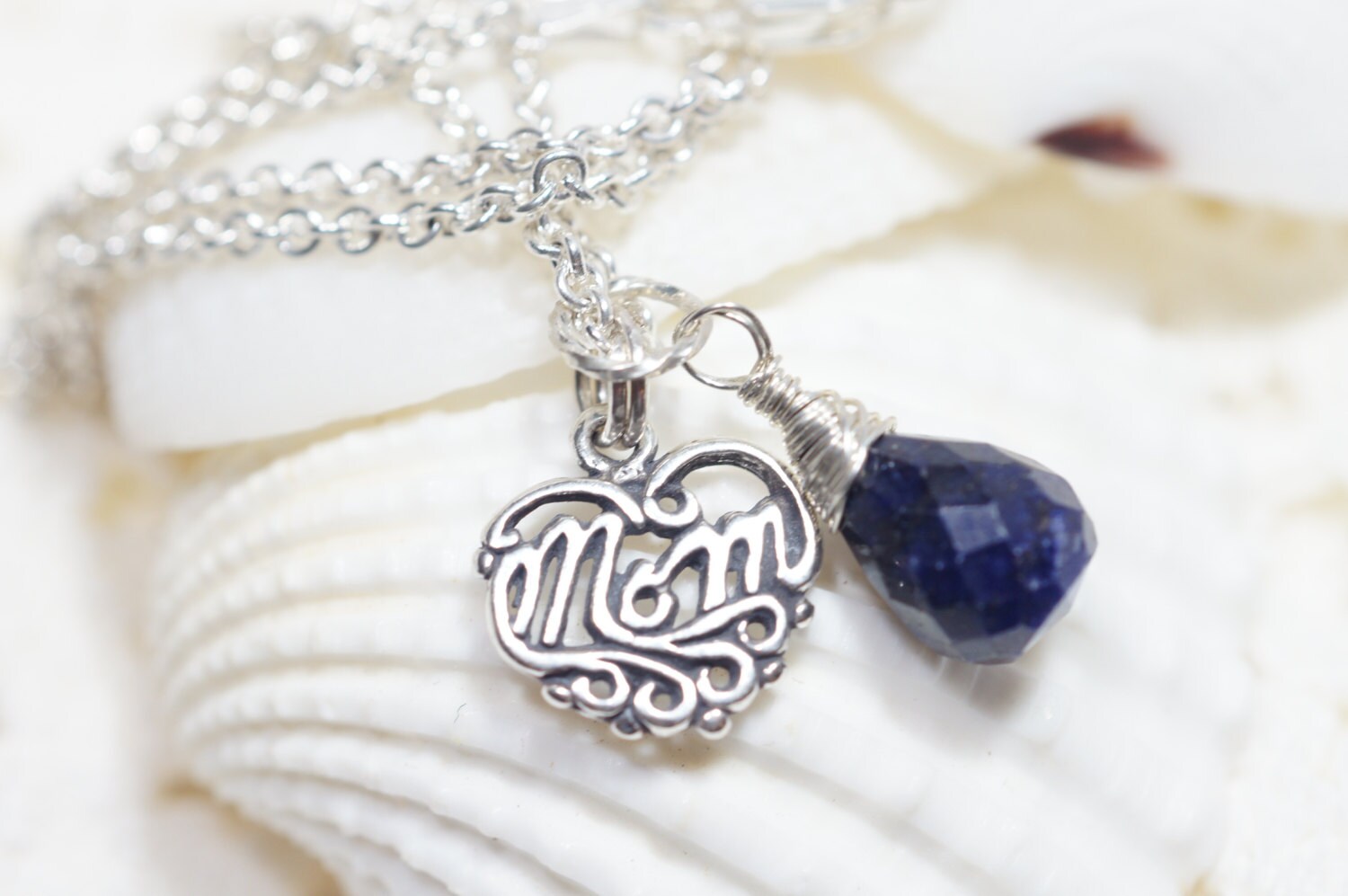 Sapphire "Mom" Necklace: Sterling Silver Filigree Heart Pendant