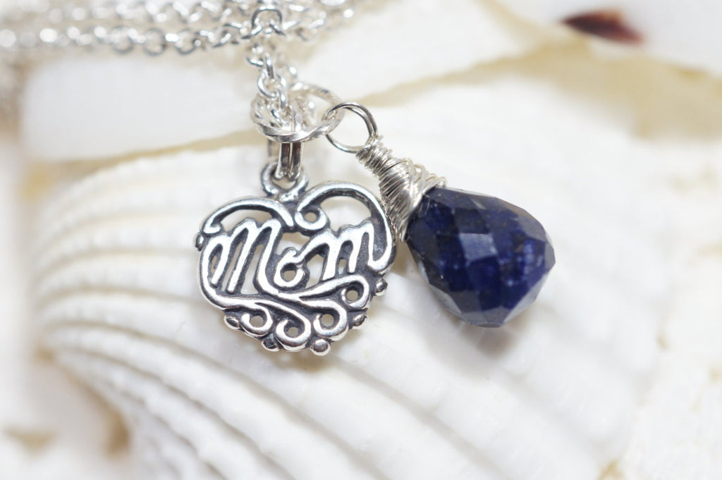 Sapphire "Mom" Necklace: Sterling Silver Filigree Heart Pendant