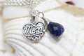 Sapphire "Mom" Necklace: Sterling Silver Filigree Heart Pendant