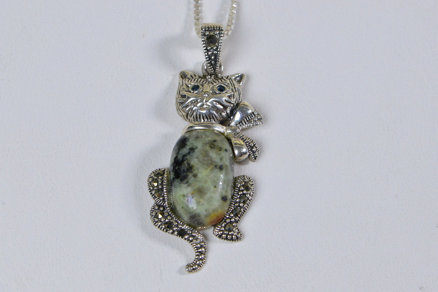 Vintage Sterling Silver Moldavite Cat Pendant: Blue Crystal Eyes