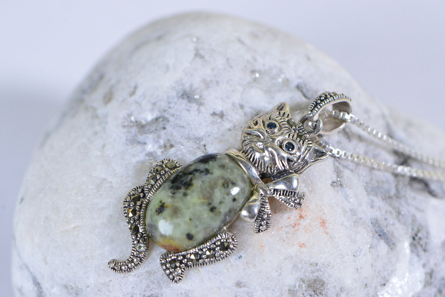 Vintage Sterling Silver Moldavite Cat Pendant: Blue Crystal Eyes