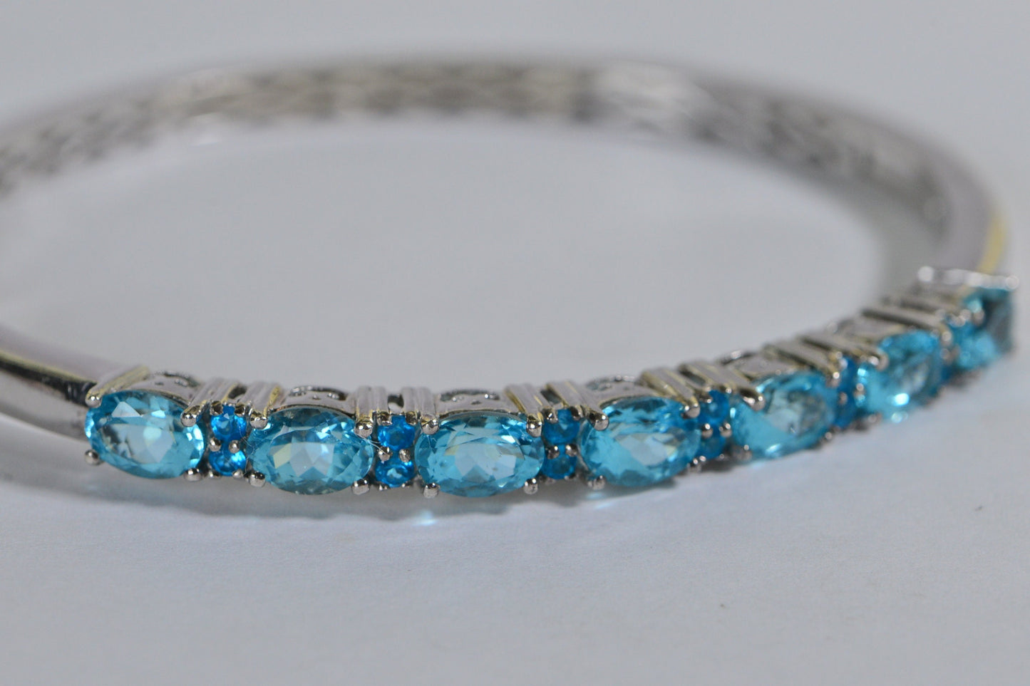 Vintage Apatite Bangle Bracelet: Neon Blue Sterling Silver Cuff