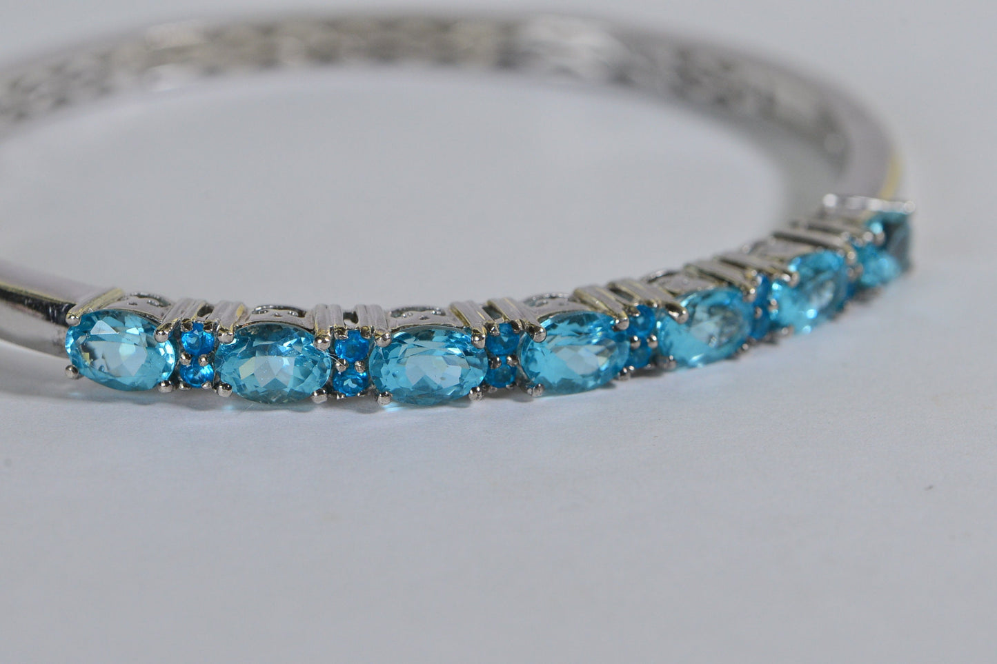 Vintage Apatite Bangle Bracelet: Neon Blue Sterling Silver Cuff