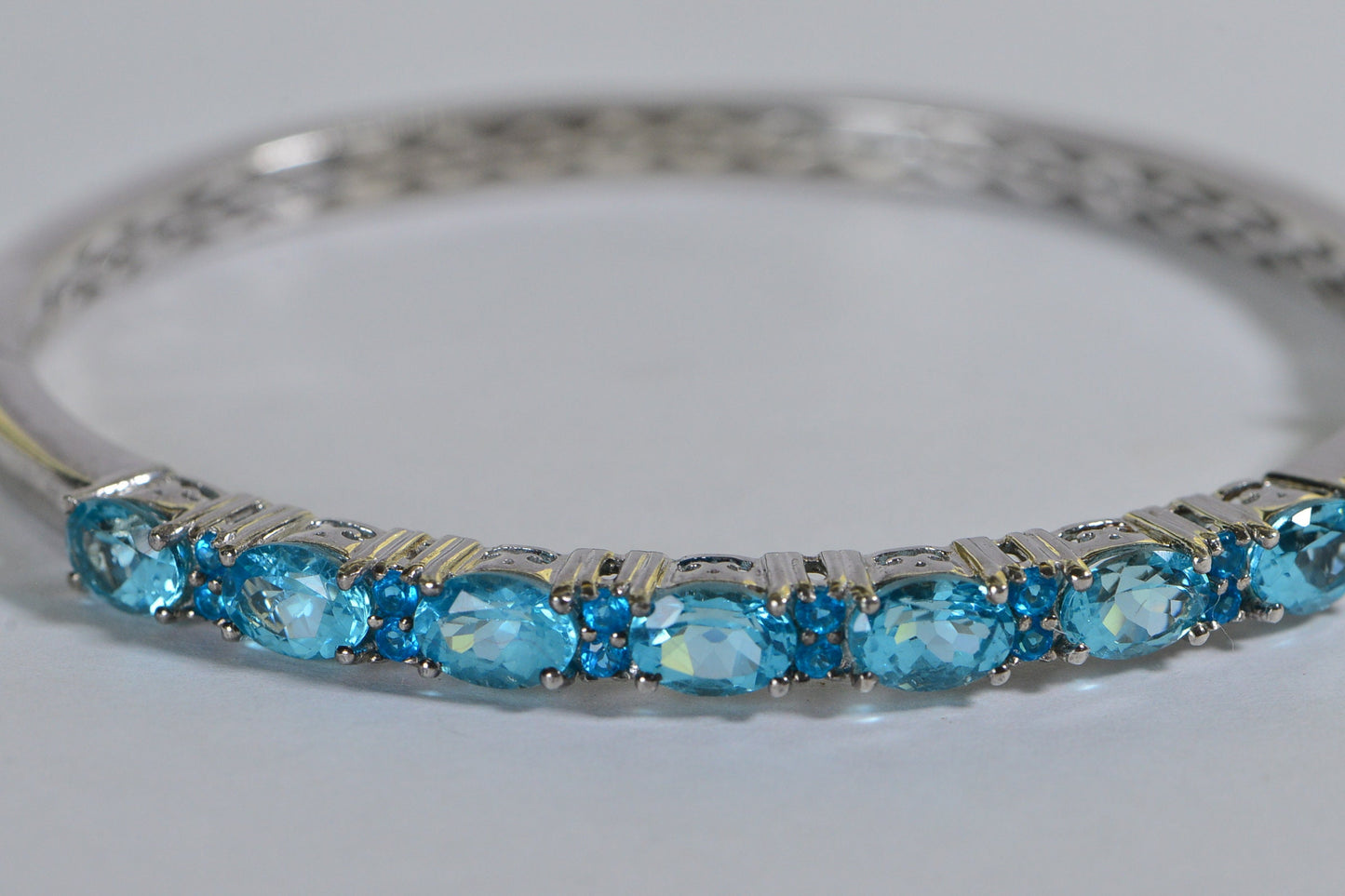 Vintage Apatite Bangle Bracelet: Neon Blue Sterling Silver Cuff