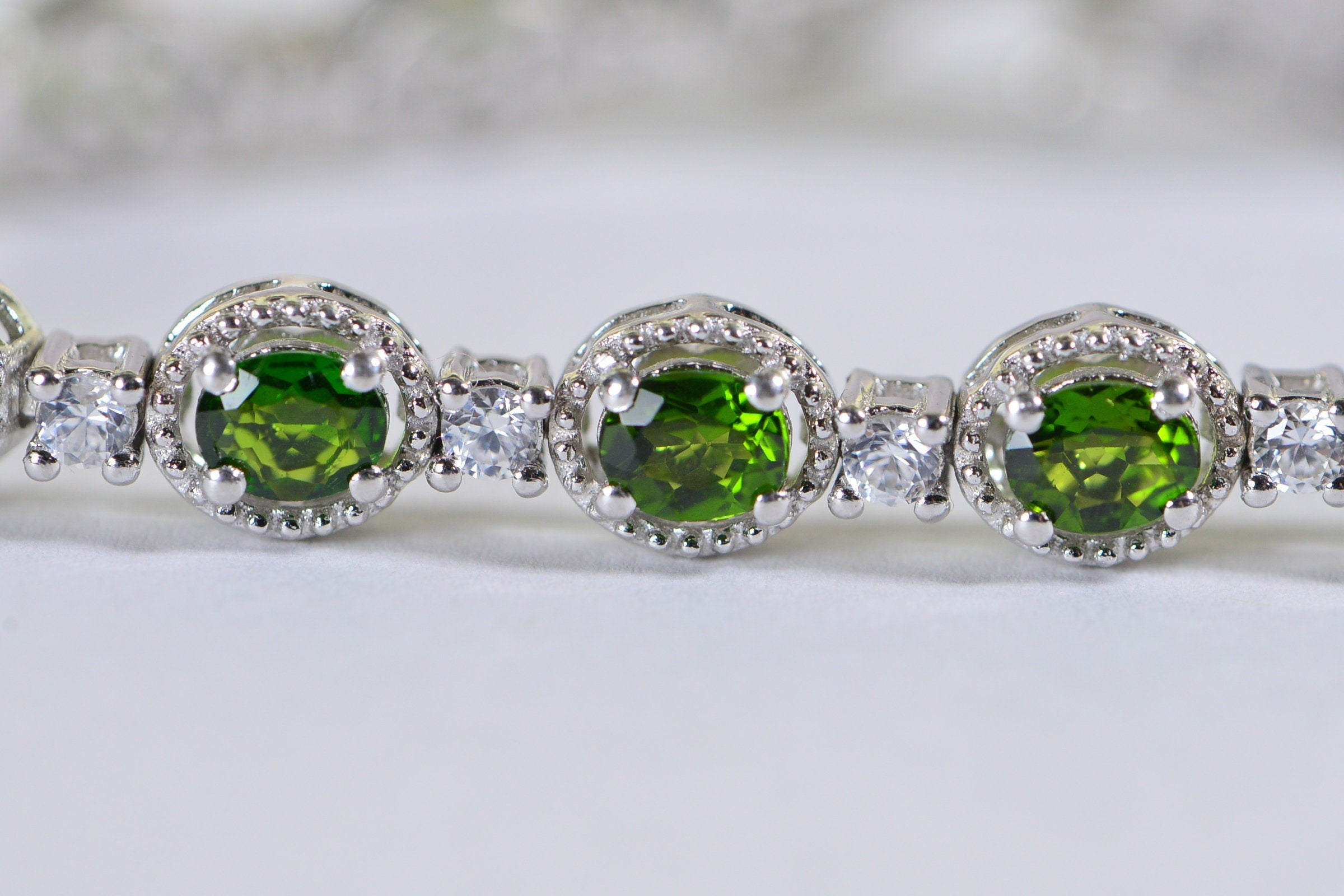 Chrome Diopside Tennis Bracelet: Sterling Silver, CZ Diamond