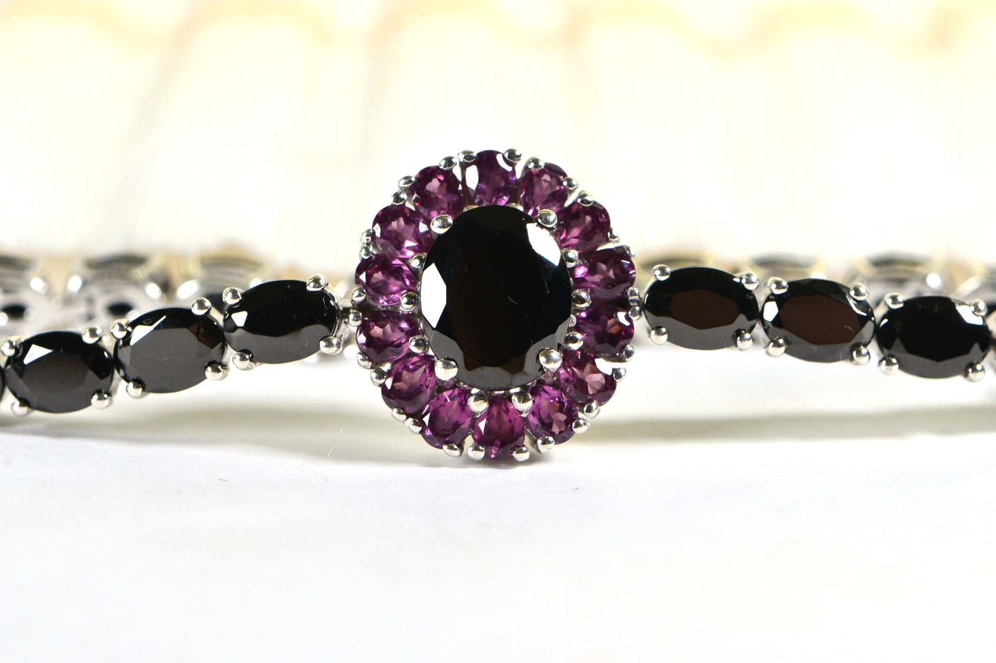 Black Spinel & Purple Garnet Tennis Bracelet - Sterling Silver Flower Gemstone