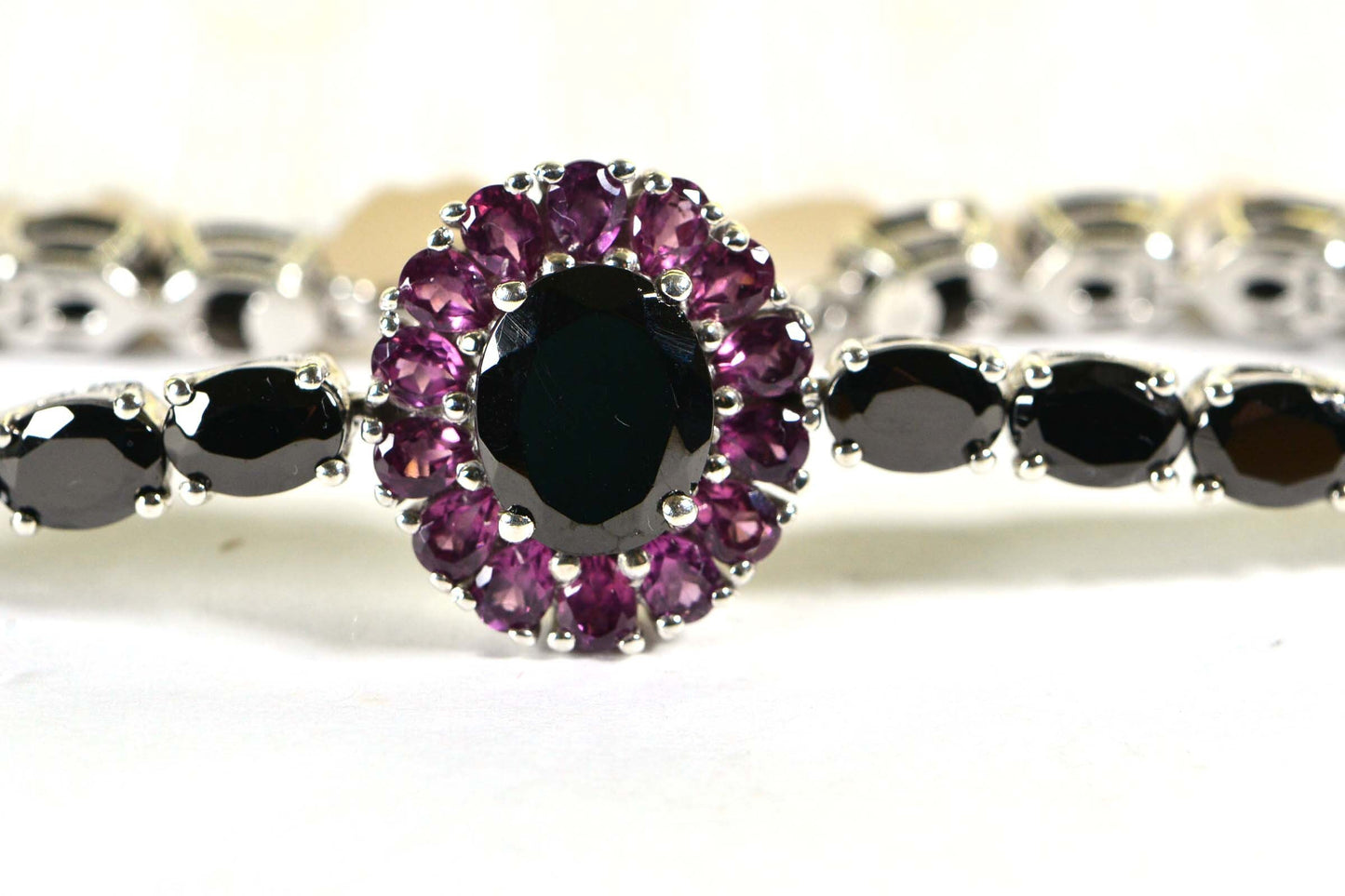 Black Spinel & Purple Garnet Tennis Bracelet - Sterling Silver Flower Gemstone